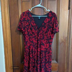 Chaps Navy & Red floral Empire waist dress with Flutter Sleeves- Size Large
